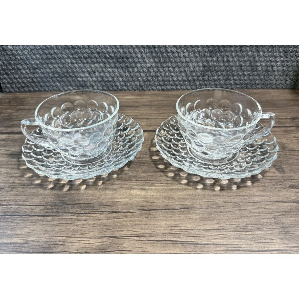 Anchor Hocking Clear Bubble Pattern Glass Cup & Saucer 2 Sets